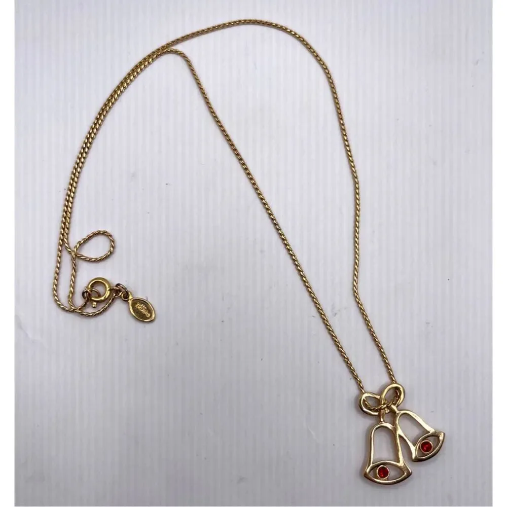 VTG 1980 Avon Gold Tone Christmas Bell Necklace Red Glowing Bells 17 Inches‎